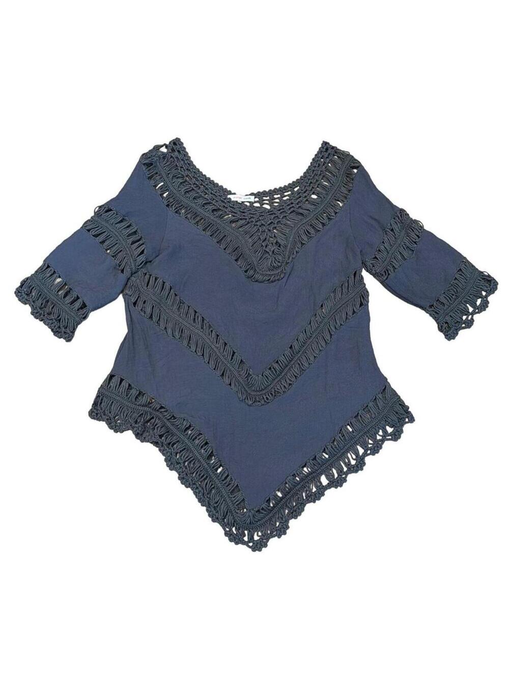 Orange Creek Crochet Tunic Top Medium Gray Vneck boho bohemian festival